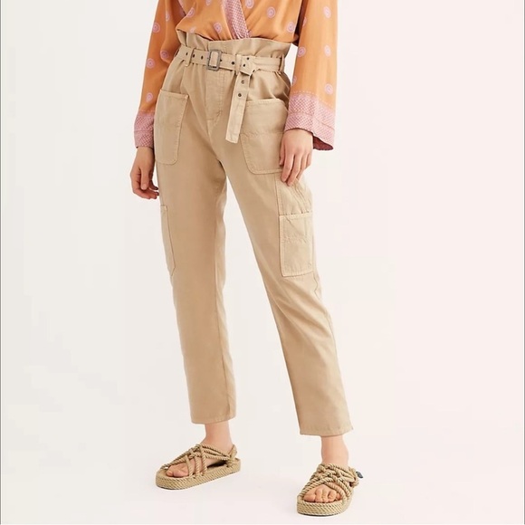 Free People Pants Womens 8 Percy Paper Bag Cargo Khaki Capri High Rise Cotton‎ - Picture 1 of 14